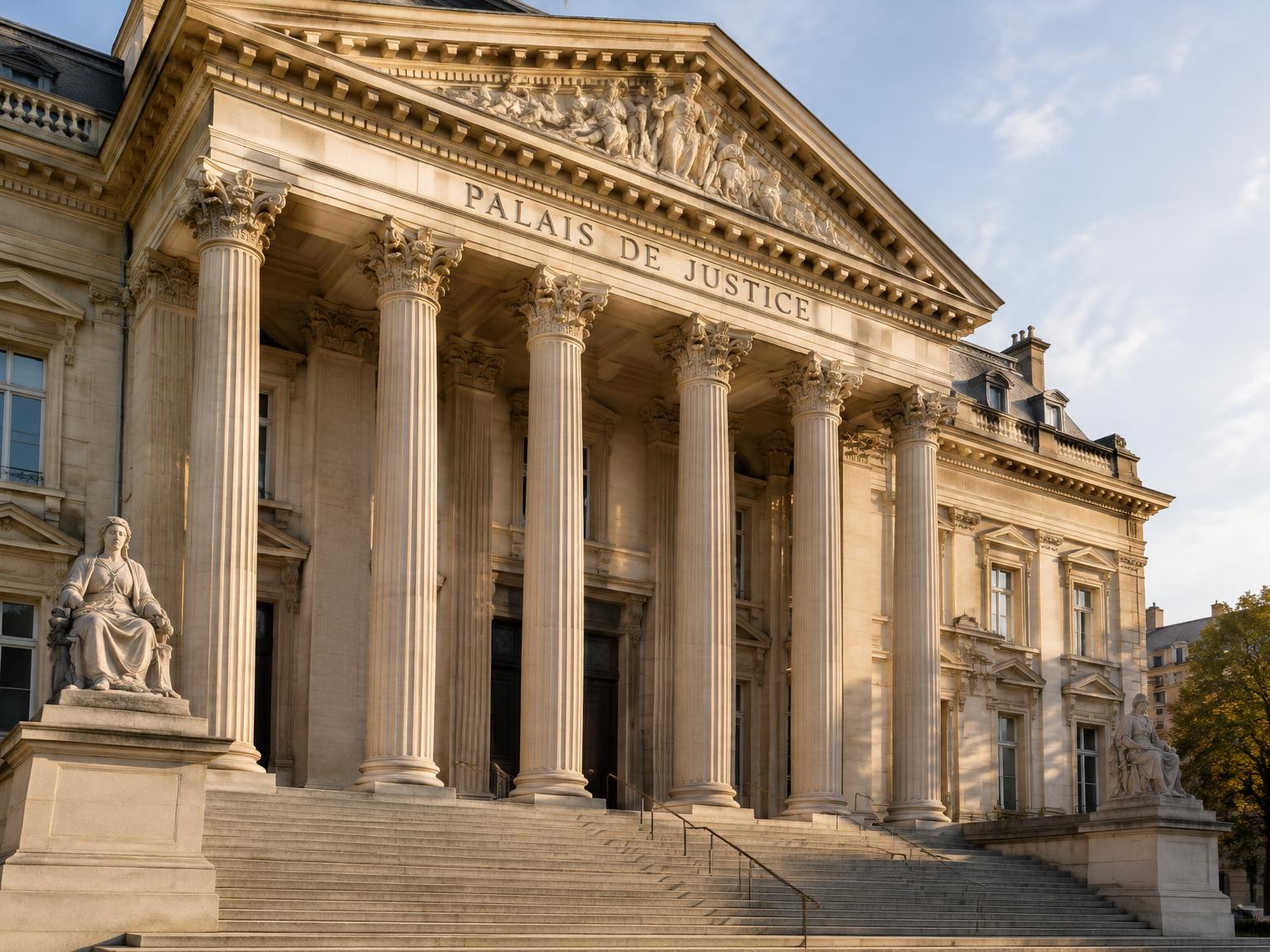 Palais de justice français en pierre, à la lumière naturelle chaude