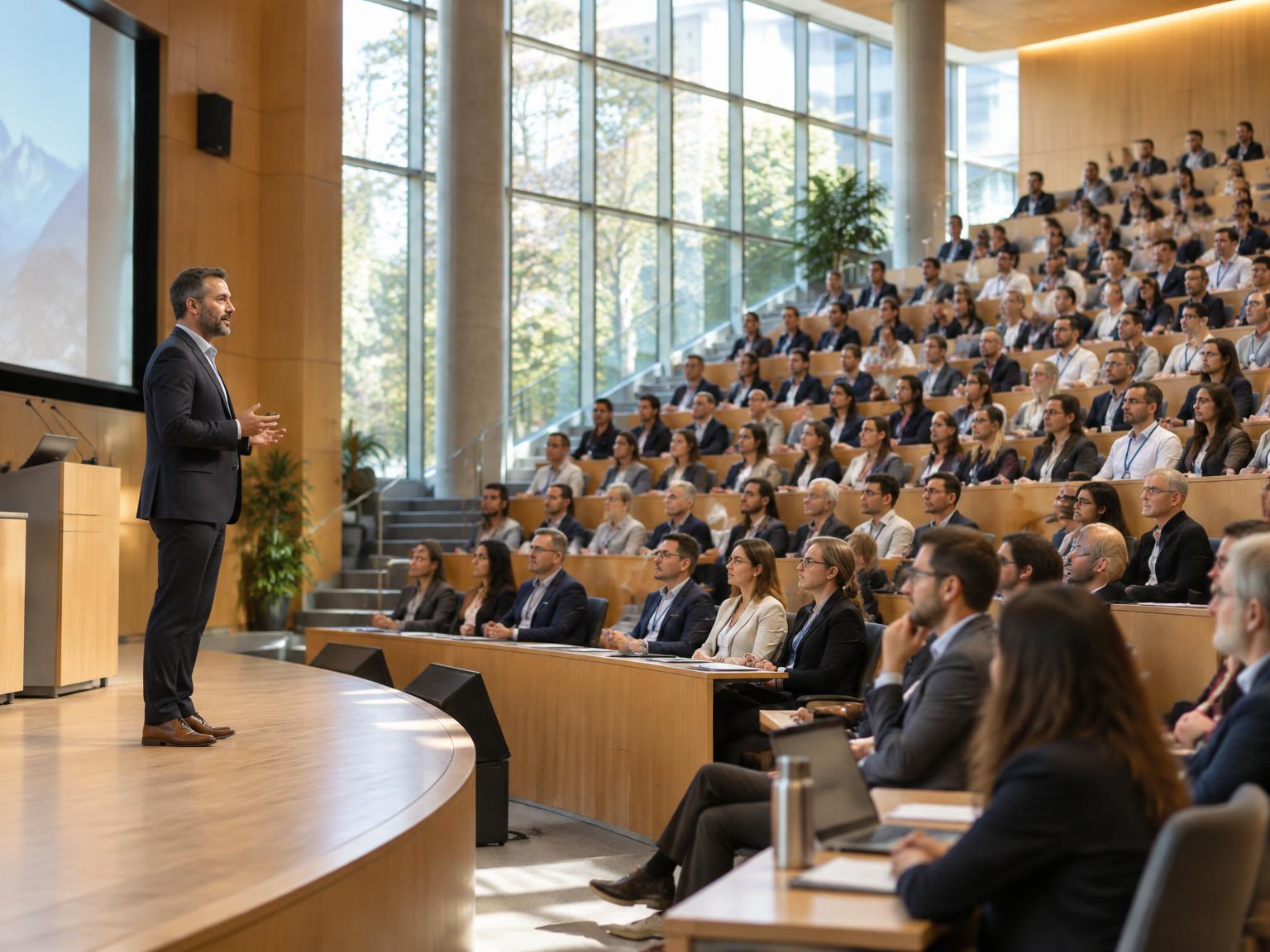 Intervenant présentant une conférence de management devant un public attentif dans les gradins d'un amphithéâtre moderne
