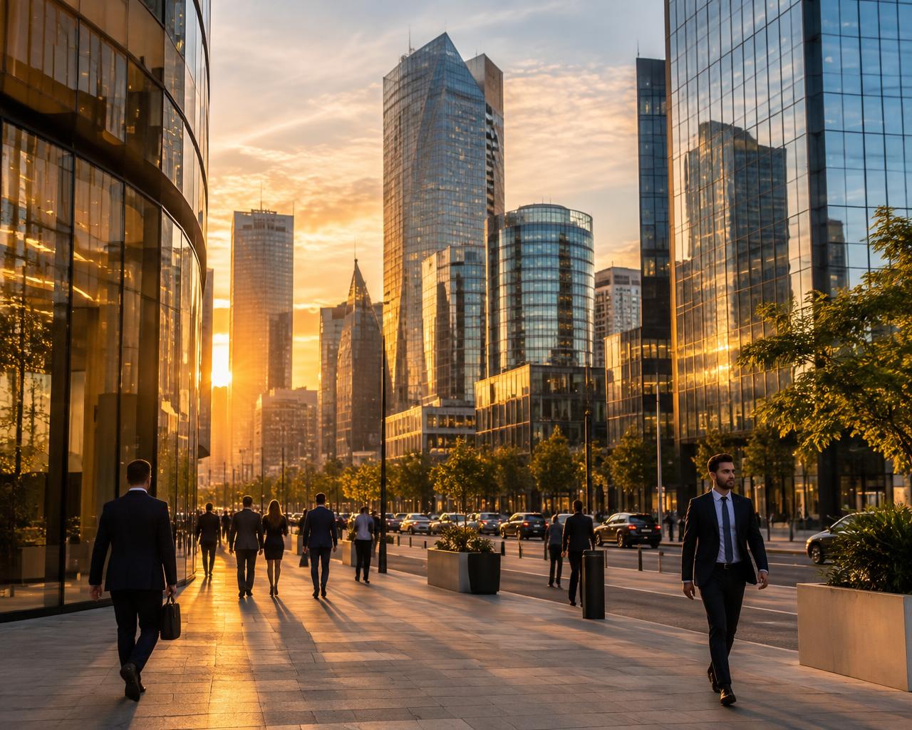 Quartier d'affaires à la lumière dorée